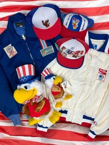 Vintage 1984 Los Angeles Olympics Bundle - 3 Hats 13 Pins 2 Jackets 2 Plush RARE - Picture 1 of 21