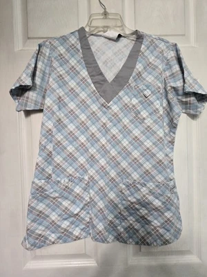 UA Scrubs Scrub Top size S-Grey/Blue/White Plaid w/3 pockets-Chest 21"/L 25" - Image 1 of 4