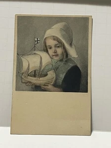 Dutch Girl Holding Toy Boat Artist M.M. Vienne #296 Postcard B26 - Picture 1 of 3