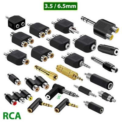 3.5mm 6.5mm Male Stereo Jack Plug to RCA Twin Female Audio Y Splitter Adapter - Image 1 of 4