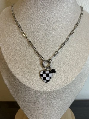 NEW Handmade Silver Checkered Heart Charm Necklace - Image 1 of 4