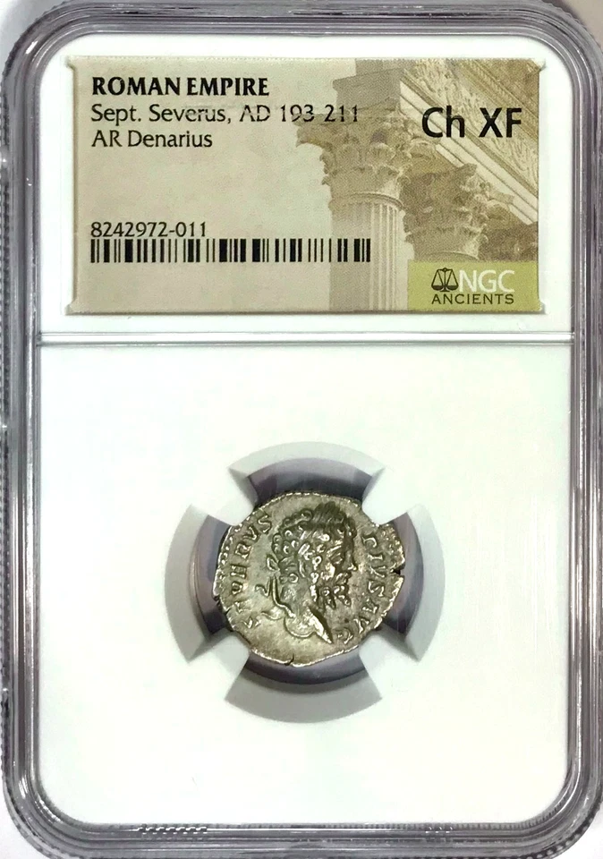 193-211 AD Septimius Severus Ancient Roman Silver Denarius Coin NGC Choice XF - Image 1 of 2