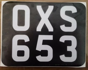 STICK ON NUMBER PLATE NOVELTY 7 X 5 MOTORBIKE REAR STICKER WHITE+BLACK - Picture 1 of 12