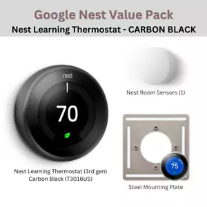 BLACK Pack: Nest Learning Thermostat 3rd gen + 1x Room Sensor + Mounting Plate - Picture 1 of 5