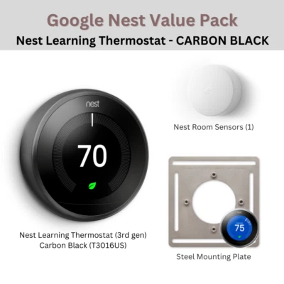 BLACK Pack: Nest Learning Thermostat 3rd gen + 1x Room Sensor + Mounting Plate - Image 1 of 4