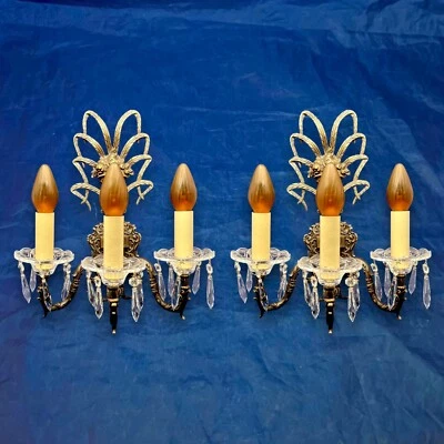 Rare Three Arm Spanish Revival Brass Sconces Glass Prisms Rewired Pair KB - Image 1 of 4