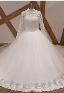 UK High Neck White/ivory 1M Train Long Sleeve Lace Muslim Wedding Dress Sz 6-18 - Picture 1 of 4