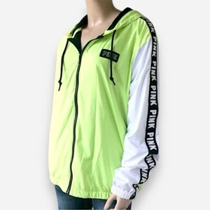 Victoria’s Secret PINK Anorak Windbreaker Jacket Size XS/S Neon Green White New - Picture 1 of 11