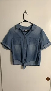 AMERICAN ORIGINAL REWASH Women's Blue Denim Tie Knot Crop Top S/S Top Size L - Picture 1 of 3