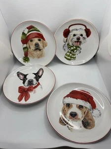 Pier 1 Imports CHRISTMAS PUPPIES 8" Salad Dessert Plate Set 4 Christmas Pups - Picture 1 of 13