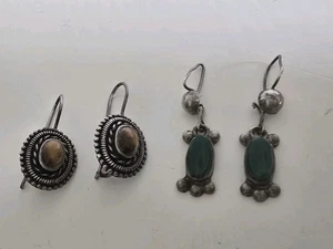 Signed Vintage Sterling Silver Drop Earrings Tiger's eye Green Semi Precious Lot - Picture 1 of 5