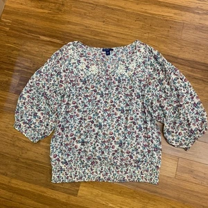 Bandalino Denim Cotton Floral Blouse Top Smocked Waist 3/4 Sleeve Size XL V-Neck - Picture 1 of 7