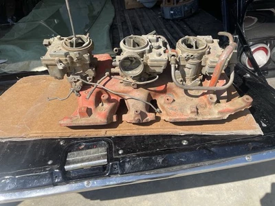 1957 1958 59 1960 Pontiac 389 Tri Power colector de admisión fábrica 2 jet Rochester Foto 1 de 4