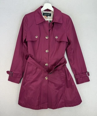 Black Rivet Women’s Sz Small Berry Fuchsia Button Front Floral Lined Trench Coat - Image 1 of 4