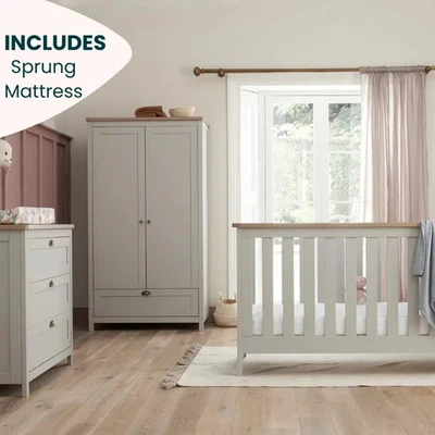 Tutti Bambini Verona 4 Piece Nursery Furniture Set Grey Oak Cot Bed Wardrobe New - Image 1 of 4