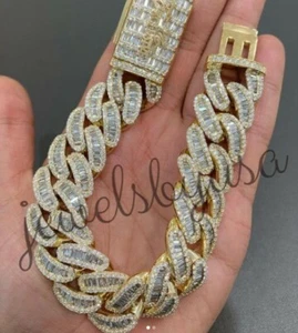 Men's Cuban Baguette Simulated Diamond Bracelet 14K Yellow Gold Plated Silver 8" - Picture 1 of 5