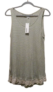 Sonoma Tank Top Womens XL Green White Striped Split Hem Lace Stretchy NWT - Picture 1 of 10