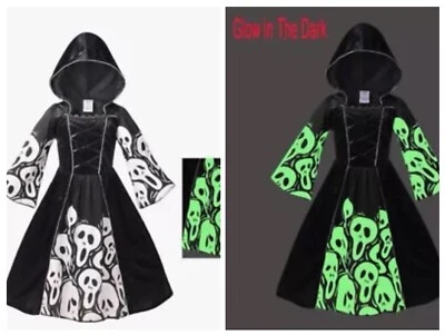 Vestido Gótico Medieval Calavera Disfraz Halloween Terciopelo Negro BRILLA Niñas Talla 6/8Y Foto 1 de 4