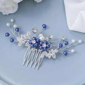Bride Wedding Hair Comb Silver Leaf Bridal Hair Clip Blue Pearl Hair Piece Rh... - Picture 1 of 7