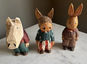 Vintage Lot Of 3 Hand Carved Folk Art Wooden Figures RHINO Bunny DONKEY Signed - Picture 1 of 11