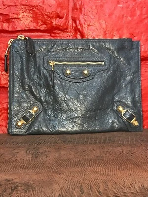 Balenciaga Paris Motocross Flat Clutch Handbag Grey Gray Leather Gold P1 - Image 1 of 4