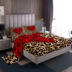 Red Rose Sheet Set King Size Leopard Print Deep Pocket Fitted Sheets 4Pcs - Picture 1 of 12