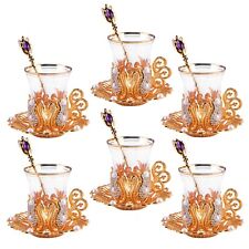 18pc Gold Pearl Turkish Tea Set Glass Teacups Saucers Zamzam Cups Glasses Armudu