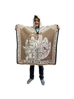 MEXICAN PONCHO WITH HOOD, VIVA MEXICO , VILLA Y ZAPATA , ONE SIZE, BEIGE - Image 1 of 4