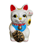 Japanese Beckoning Cat Traditional Lucky Charm White Pottery Bank Left Paw Up