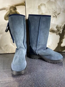 UGG Blue Suede / Sheepskin Tall Boots with Ribbon Ties. Size 9 - Picture 1 of 15