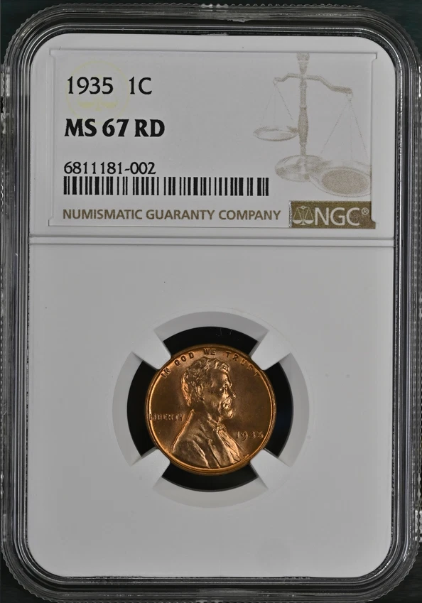 :1935 1C LINCOLN CENT KEY DATE NGC MS 67 RD SHINING RED RARITY R3 HIGHEST GRADES - Image 1 of 4