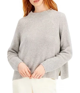 EILEEN FISHER Organic Cotton Funnel Neck Gray Sweater Size M Boxy Long Sleeve - Picture 1 of 13