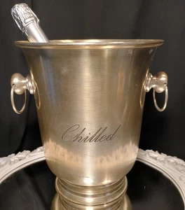 Elegant Silverplate Modern Script "Chilled" Ice Bucket Champagne WIne Cooler - Picture 1 of 11