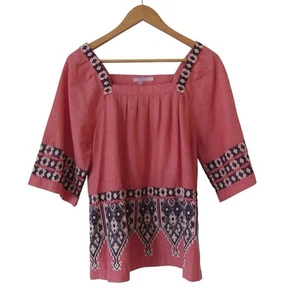 Calypso St Barth bestickte Tunika Top groß rosa koralle eckiger Ausschnitt Boho Bauer - Bild 1 von 9