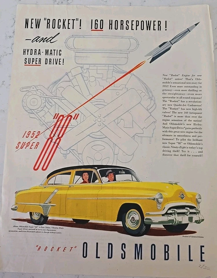 1952 GM Yellow Oldsmobile Super 88  4 Door Sedan car vintage ad - Image 1 of 1