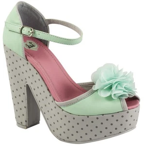 T.U.K. Pump A8334L Mint Grau Dot Chiffon Flower Peep Toe Mimi Wedge - Picture 1 of 4