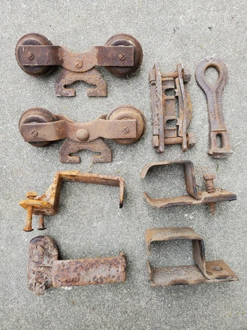 Antique Barn Door Rollers Hangers Brackets Rusty Hardware Parts Lot Cover