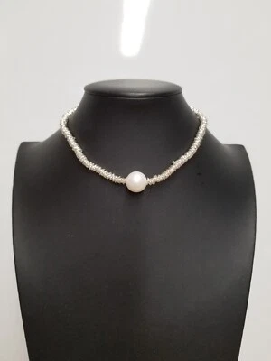 Anthropologie White & Silver Tone Beaded Glass Pearl Collar Necklace - Image 1 of 4