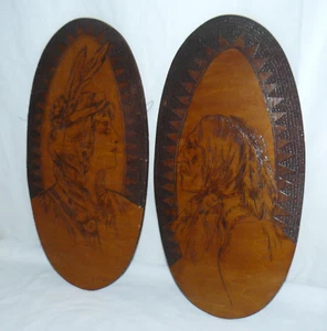 2 Wooden Wall Plaques Native Sioux Indian 2008 Woman & Man 20" HandCarved Signed - Picture 1 of 15