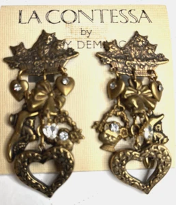 Signed La Contessa by Mary Demarco Basket Of Kittens Heart Dangle Brooch Vintage - Picture 1 of 5
