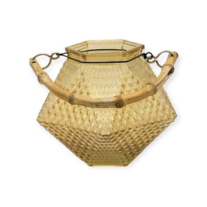 Vtg Y&L Table Lantern Yellow Glass Diamond Point Candle Holder Bamboo Handle MCM - Picture 1 of 4
