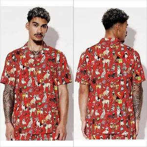KENJI Mens Christmas Cartoon Dog Print Shirt Short Sleeve Red Small NWT - Picture 1 of 6