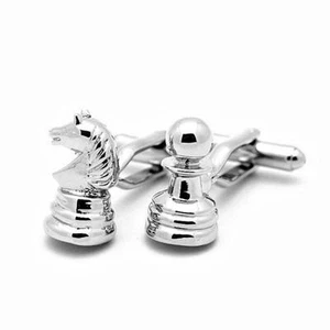 KNIGHT AND PAWN CUFFLINKS Chess Piece Game NEW w GIFT BAG Groom Wedding Silver - Picture 1 of 3