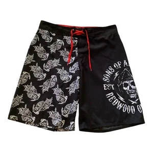 Sons of Anarchy Men Sz 87 All Over Print Boardshorts Drawstring Skull Black Red - Picture 1 of 12
