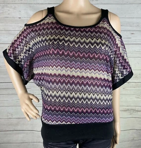Vous Couture Cold Shoulder Thin Knit Top Large Purple Black Zigzag Semi-Sheer - Picture 1 of 12