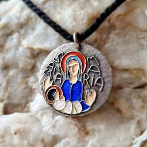 Religiöse Medaille Jungfrau Jugendstil 70er Edie Pilger 925 Silber emailliert  - Bild 1 von 20