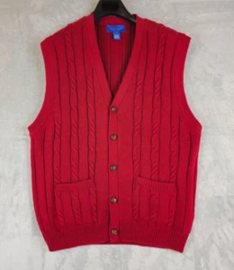 Vtg Towncraft Cardigan Cable Knit Sweater Vest Men XL Red Grandpa Dad Pockets - Picture 1 of 4
