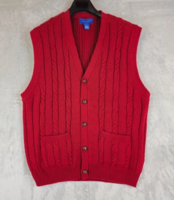 Vtg Towncraft Cardigan Cable Knit Sweater Vest Men XL Red Grandpa Dad Pockets - Image 1 of 4