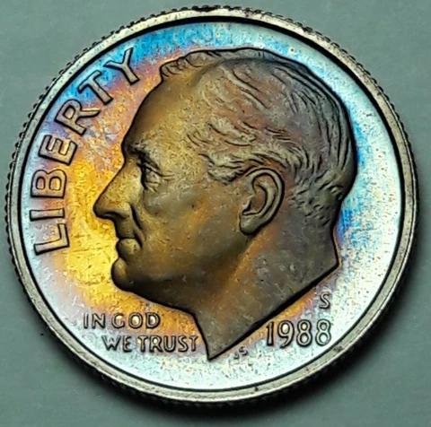1988-S U.S ROOSEVELT DIME PROOF INTENSE NEON COLOR TONED LUSTER UNC BU (MR) Cover