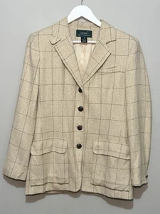 Vintage 90s Lauren Ralph Lauren Silk Blazer Women’s 8 Made USA Windowpane Check - Picture 1 of 8